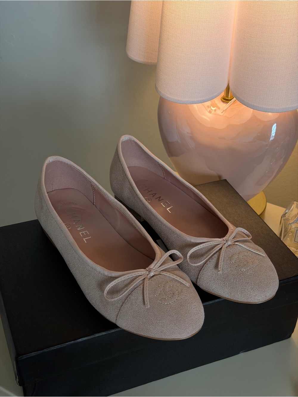 CHANEL Pink Beige Suede Ballet Flats with Bow